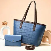 Crocodile Embossed Tote Bag Set with Clutch Purse