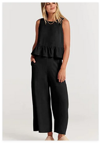 French Loose Casual Wide Leg Pants Square Neck Vest Set