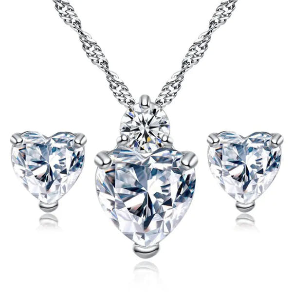Heart-Shaped Zirconia Earrings and Necklace Set
