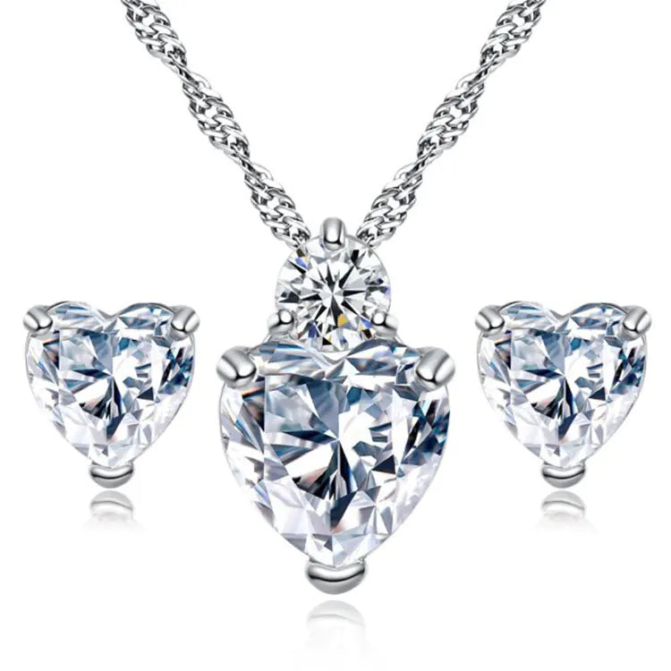Heart-Shaped Zirconia Earrings and Necklace Set